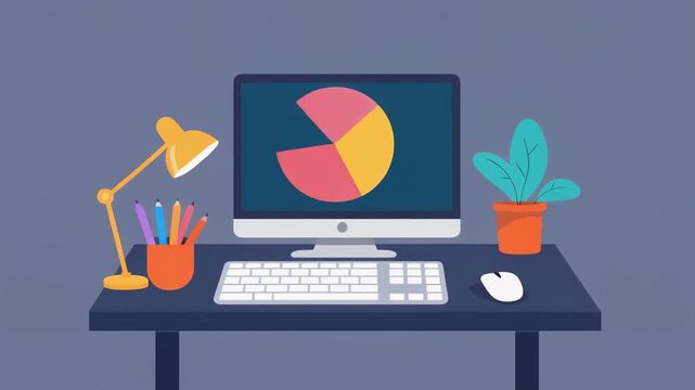Flat design office desk with computer and pie chart