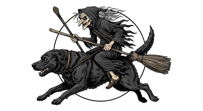 Scary witch riding black dog halloween illustration vector design concept for spooky holiday apparel print and creative graphic art project