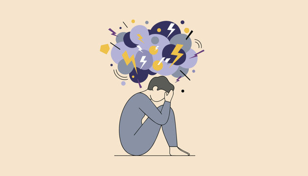Sad individual curled up with hands on head under dark storm clouds with lightning, representing mental stress.