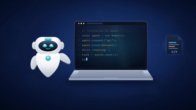 Artificial intelligence robot writing code on laptop screen for software development and automation