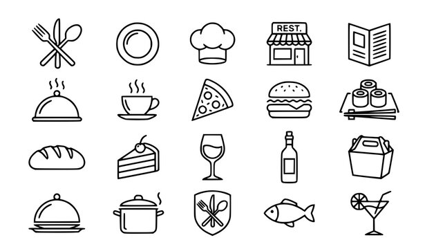 Food and restaurant outline icon set vector