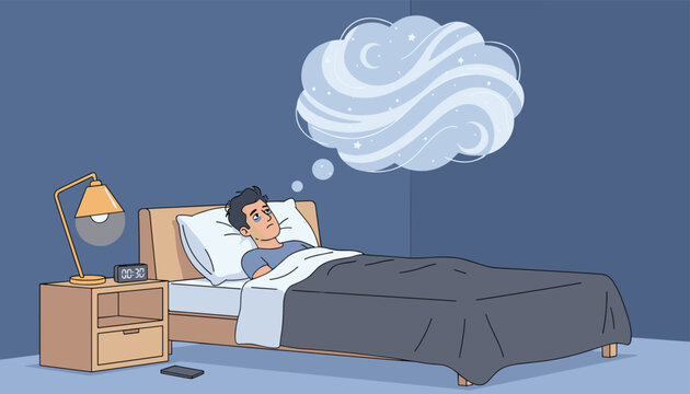 Man lying awake in his bed at night looking at a dream bubble, symbolizing insomnia and deep sleep thoughts.