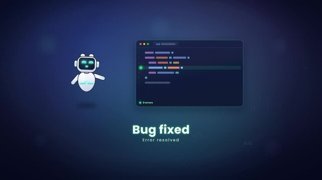 Robot fixing software bugs in code editor while debugging and resolving programming errors