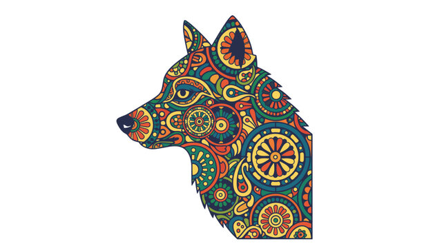 Detailed profile of a wolf head decorated with colorful zentangle floral and geometric patterns on a white background.