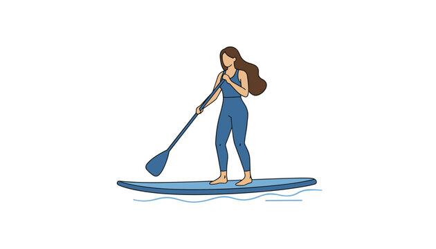 Sporty young woman in a blue wetsuit practicing stand up paddle boarding on calm water on a white background.