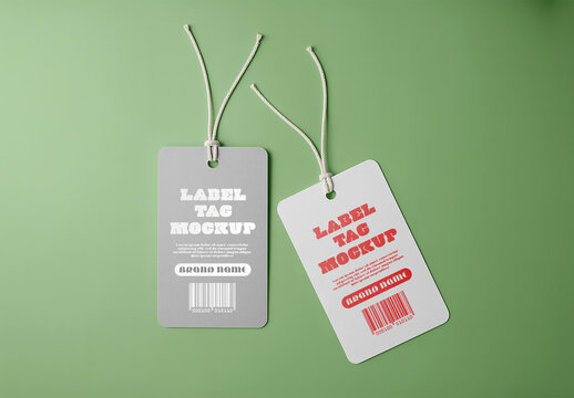 Clothing Label Tag Mockup Pair with Rope Strings on Soft Green Background