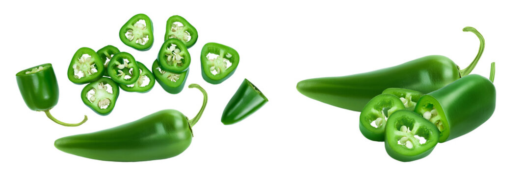 sliced jalapeno pepper isolated on white background. Green chili pepper with full depth of field. Top view. Flat lay