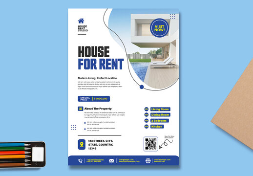 House For Rent Promotional Flyer Template With Modern Real Estate Property Rental Design Layout