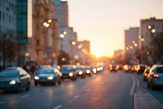 Blurred city street at sunset with traffic lights and soft bokeh for urban background and banner design