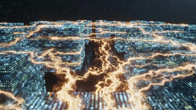 Financial technology enables a digital payment network across a futuristic cityscape at night.