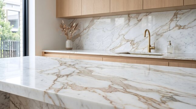 Close up of premium white Carrara marble island countertop and matching kitchen backsplash. Luxury minimalist kitchen design with elegant brass faucet, warm oak wood cabinets, and decor.