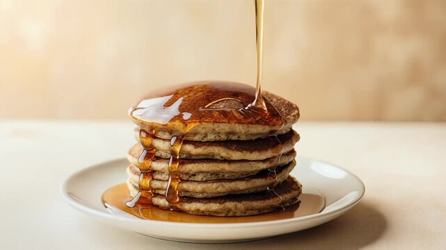 Slow motion pour of sweet golden syrup onto a tall stack of fluffy pancakes on a white plate, symbolizing delicious breakfast and homemade comfort food delight