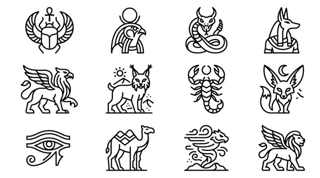 Ancient Egyptian Mythological Symbolic Animal Icons.