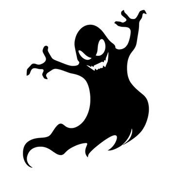 Black ghost silhouette with glowing eyes, sharp teeth, clawed hands, and flowing tail isolated on white background, spooky Halloween spirit illustration for horror, gothic, and supernatural themes