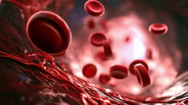 Red blood cells circulating through a detailed human blood vessel