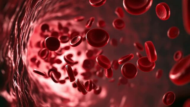 Red blood cells flowing through a human blood vessel in the circulatory system