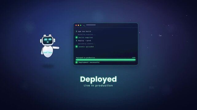 Robot deploying software to production in terminal with rocket launch for successful release