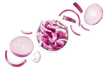 Fototapeta premium Red onion slices in ceramic bowl isolated on a white background. Top view. Flat lay