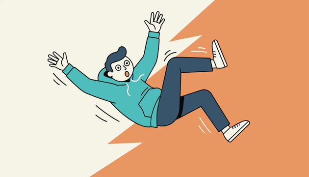 Scared young man in a turquoise hoodie falling backwards against a split background shaped like lightning.