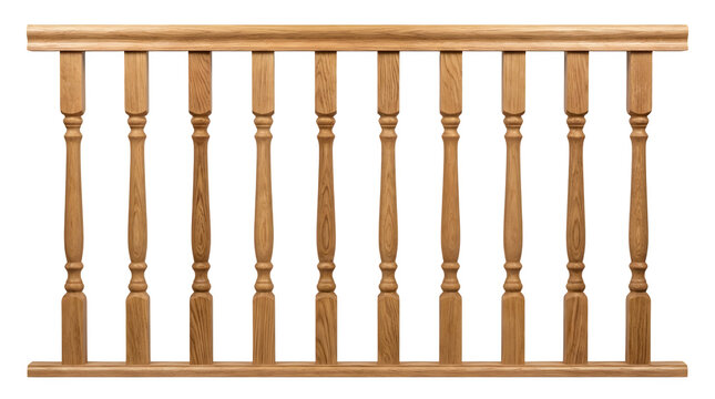 Traditional oak wood balustrade with turned spindles, classic wooden staircase railing section, interior timber banister isolated on white background