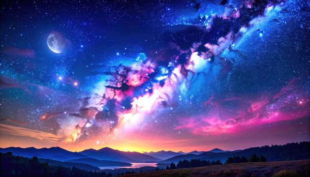 Vibrant celestial scene, stars and swirling nebulas above layered mountains under a crescent moon