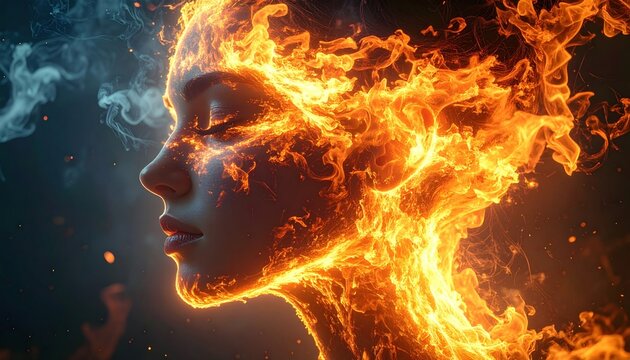 Profile portrait of a woman's face composed of flames and smoke, ethereal