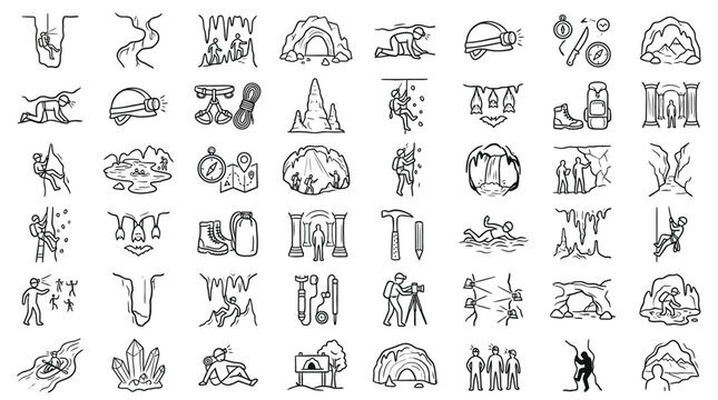 Collection of hand-drawn icons representing various aspects of caving and spelunking activities and equipment.
