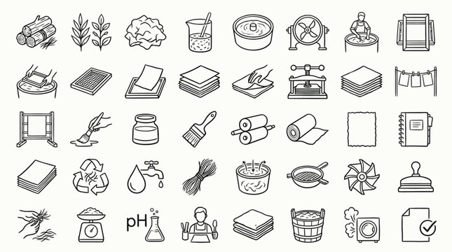 Collection of hand-drawn icons representing the papermaking process, from raw materials to finished products.