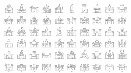 Collection of Outline Icons Representing Various Castles and Fortresses. © handaka
