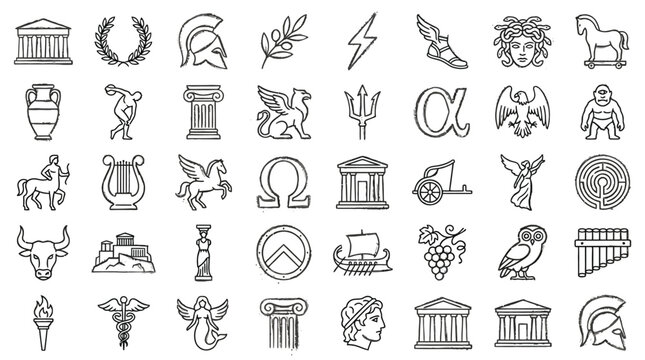 Collection of Ancient Greek Mythology Symbols and Icons in a Line Art Style.