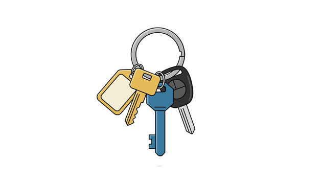 Key ring with home keys, a car key fob, and a blank key tag representing house moving and new car keys.