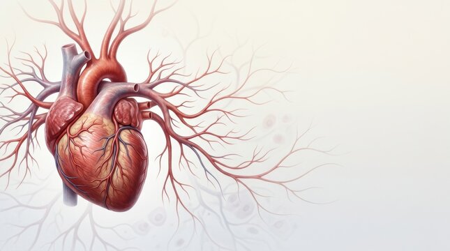 Detailed illustration of a human heart with branching arteries and veins