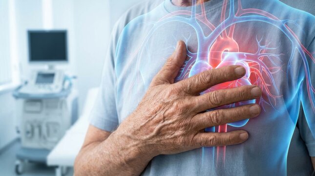 Elderly man clutches chest showing heart and circulatory system in medical setting