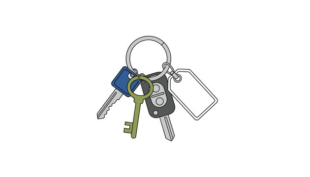 Key ring containing car keys, a home key, and a blank plastic tag representing real estate or transport.