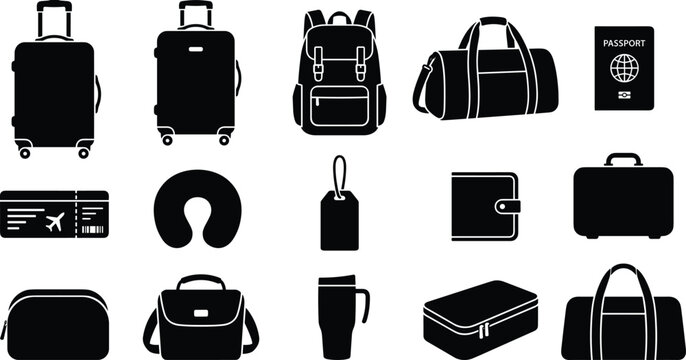 Travel Luggage Bags and Vacation Accessories Icon Set