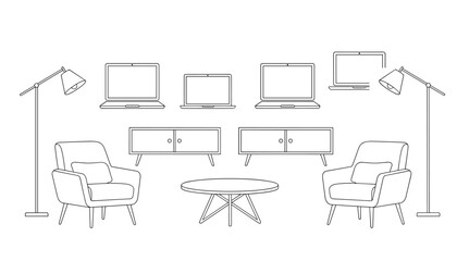 Fototapeta premium Minimalist line art drawing of a symmetrical living room setup with armchairs, tables, lamps, and floating laptops.