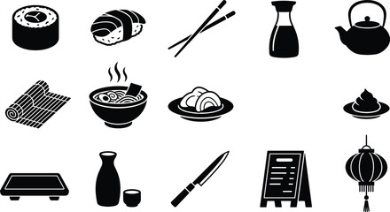 Japanese sushi restaurant icons and asian cuisine element silhouette vector © Nurjahan