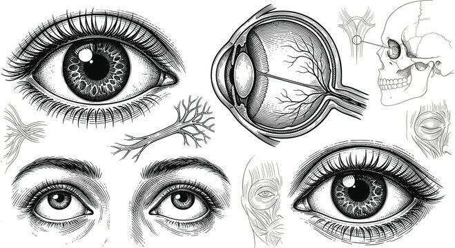 Vintage Human Eye Anatomy Vector Set Featuring Detailed Sketches of Eyeballs Cross Section Cornea Optical Nerve Skull Socket and Facial Muscle Diagram Icons