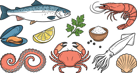 Fresh Seafood and Marine Ingredients Icon Collection Vector Featuring Atlantic Salmon Tiger Prawn Mussel Octopus Tentacle Crab Squid Scallop Lemon and Parsley Elements © MdAsad