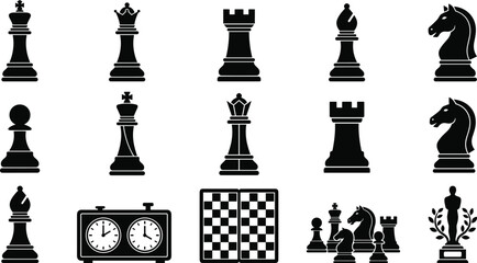Chess pieces and board game icons flat silhouette vector set featuring king queen rook knight and tournament clock © Nurjahan
