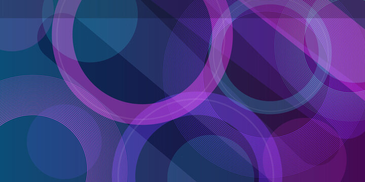 Abstract background featuring intersecting translucent circles with linear patterns in deep shades of blue and purple neon light.