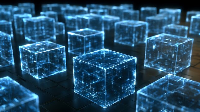 Artificial intelligence controlling decentralized blockchain financial grid, luminous transparent cubes,