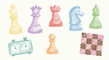 A collection of colorful chess pieces and a chess clock, rendered in a crayon-like style. © Oki