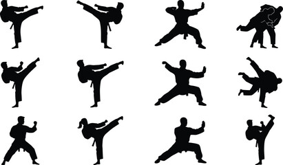 Martial arts fighters silhouettes and combat sport discipline black vector illustration set featuring karate taekwondo judo and kung fu poses in image_7f1fdf.png © Nurjahan