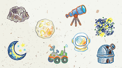 Collection of hand-drawn space exploration icons including a telescope, astronaut helmet, and rover. © Oki