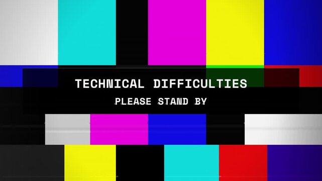 Technical difficulties please stand by text on broadcast television color bars with glitch effect