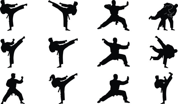 Martial arts fighters silhouettes and combat sport discipline black vector illustration set featuring karate taekwondo judo and kung fu poses in image_7f1fdf.png