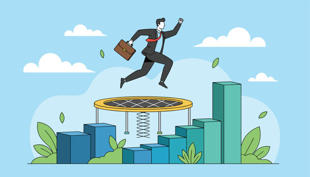 Businessman jumps from a trampoline to reach the top of a rising bar chart in a concept of rapid financial growth.
