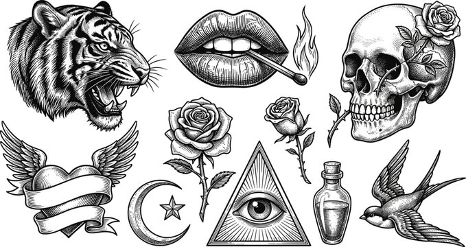 Vintage Traditional Tattoo Flash Vector Set Featuring Roaring Tiger Skull Rose Lips Winged Heart Swallow Bird and All Seeing Eye Illuminati Pyramid Elements