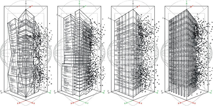 Architectural 3D Skyscraper Wireframe Set with Particle Dispersion Effects and Coordinate Grid Systems for Cad Software Engineering Designs